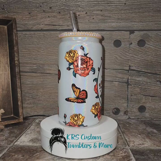 RTS 16oz Glass Can - Floral Skull