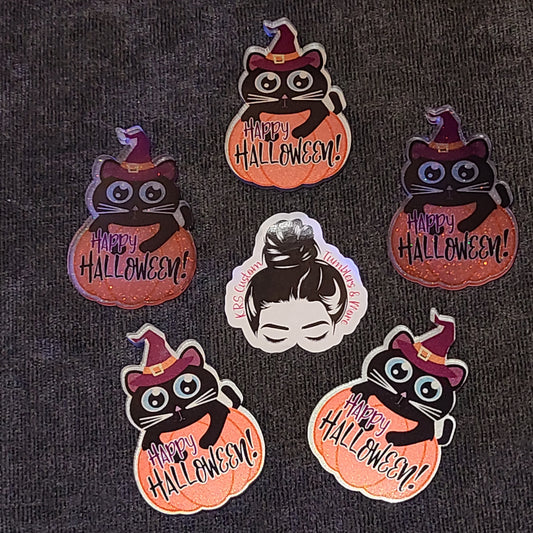 RTS Badge Reels - Happy Halloween Cat in Pumpkin